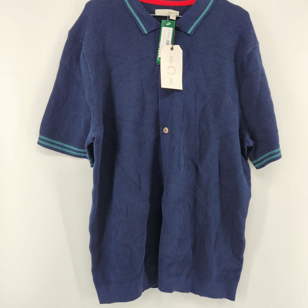 Hawker‎ Rye Navy Blue XL Short Sleeve Textured Jacquard Sweater Button Down NWT
